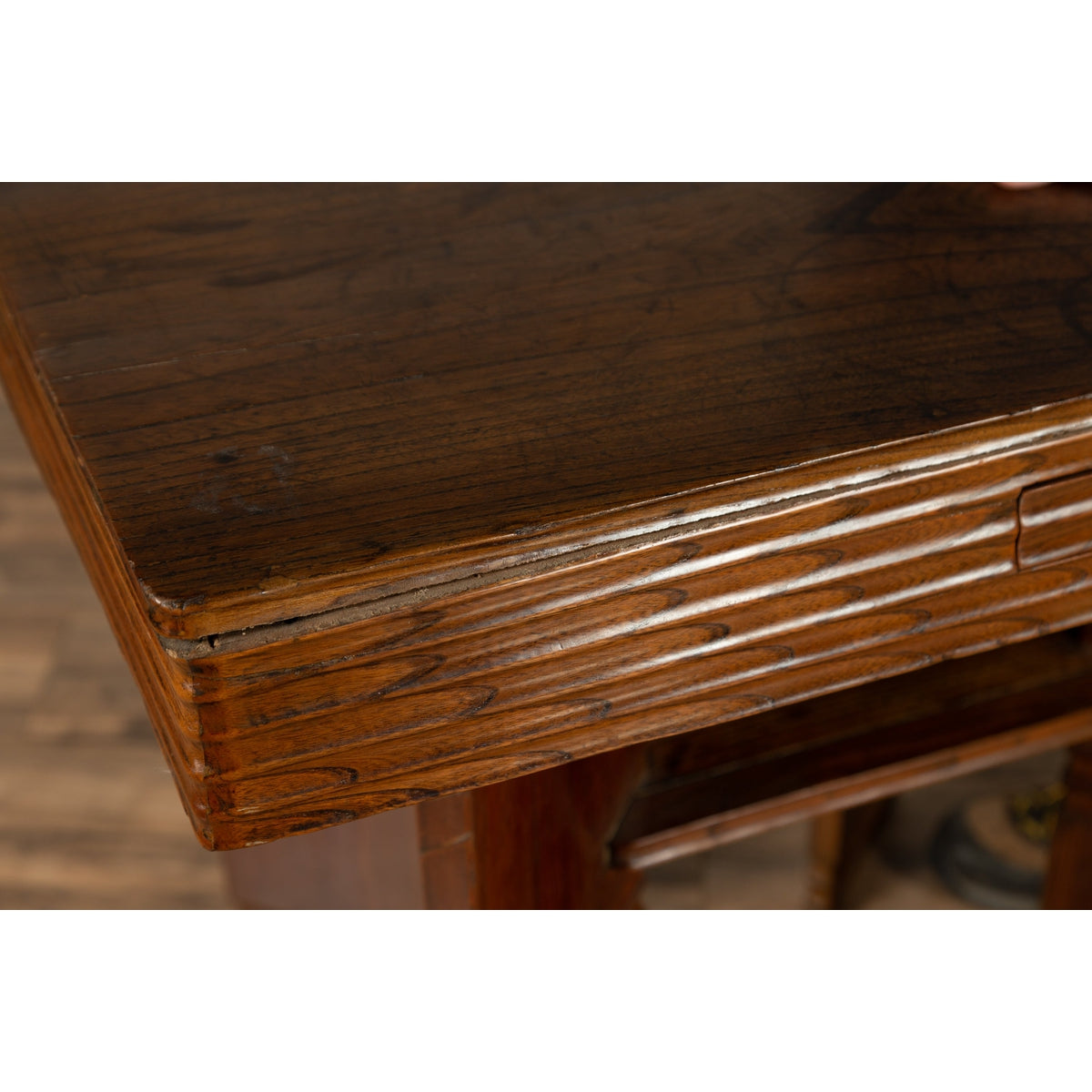 Chinese Vintage Art Deco Ribbed Game Table with Pull-Out Drawers and Canted Legs-6. Asian & Chinese Furniture, Art, Antiques, Vintage Home Décor for sale at FEA Home