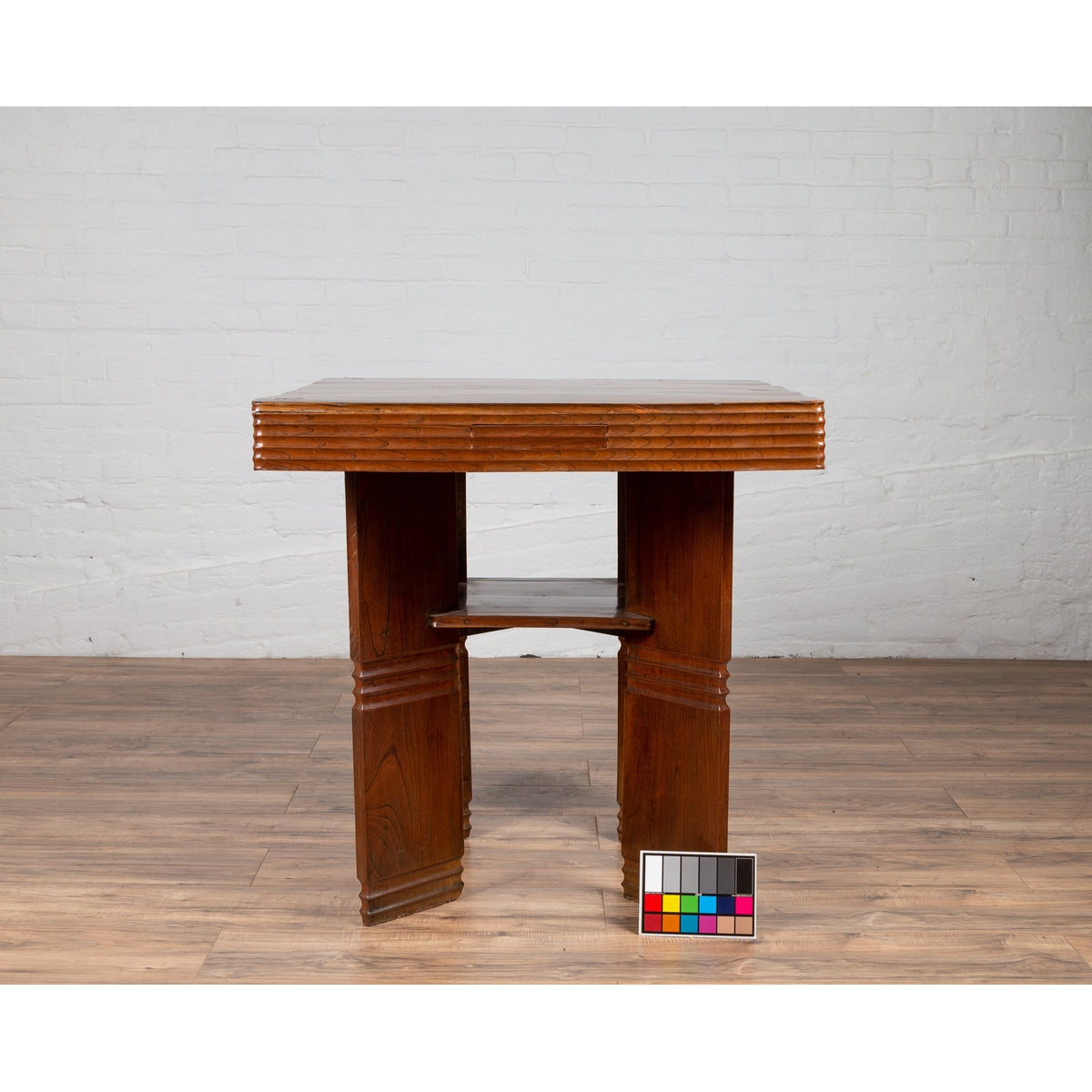 Chinese Vintage Art Deco Ribbed Game Table with Pull-Out Drawers and Canted Legs-4. Asian & Chinese Furniture, Art, Antiques, Vintage Home Décor for sale at FEA Home