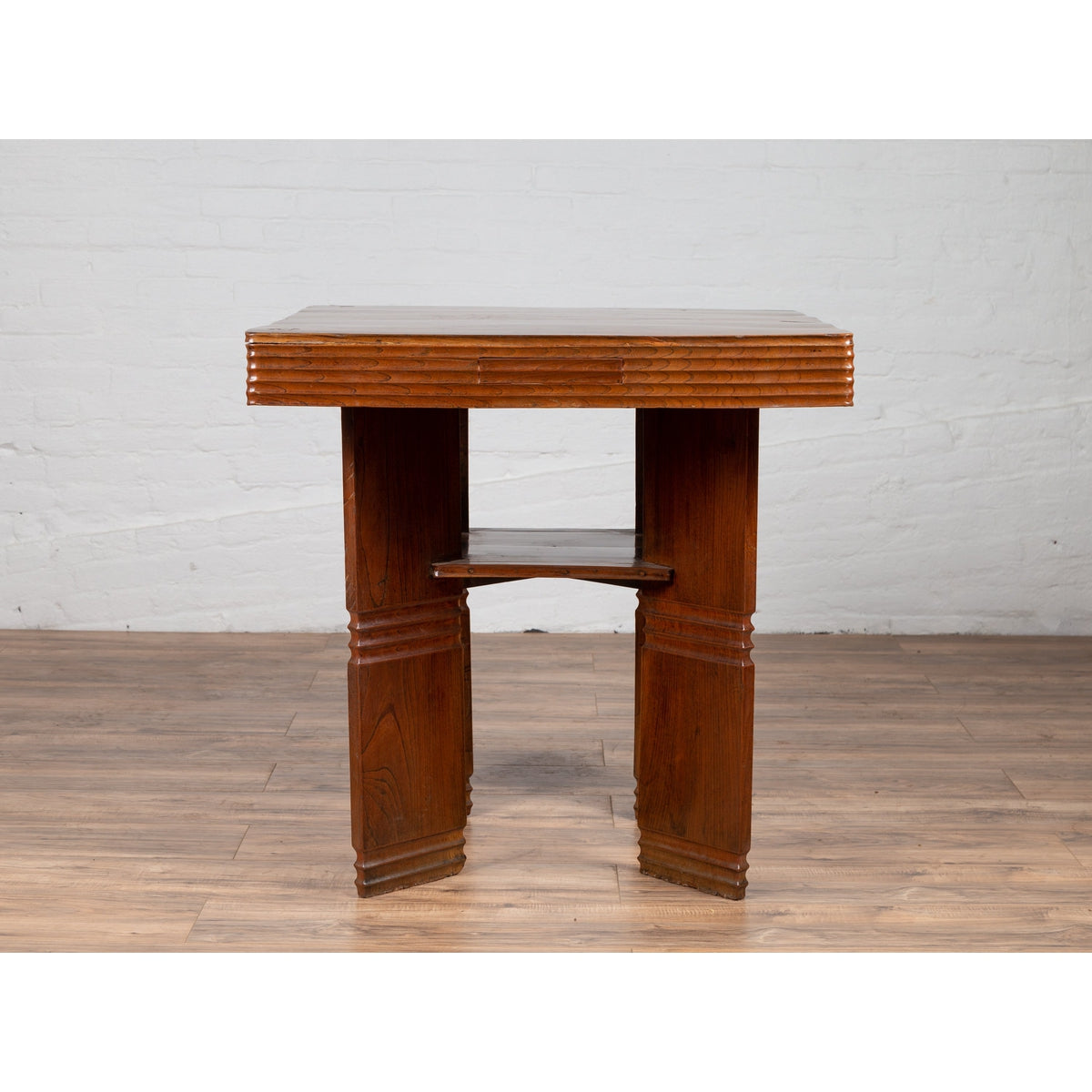 Chinese Vintage Art Deco Ribbed Game Table with Pull-Out Drawers and Canted Legs-14. Asian & Chinese Furniture, Art, Antiques, Vintage Home Décor for sale at FEA Home