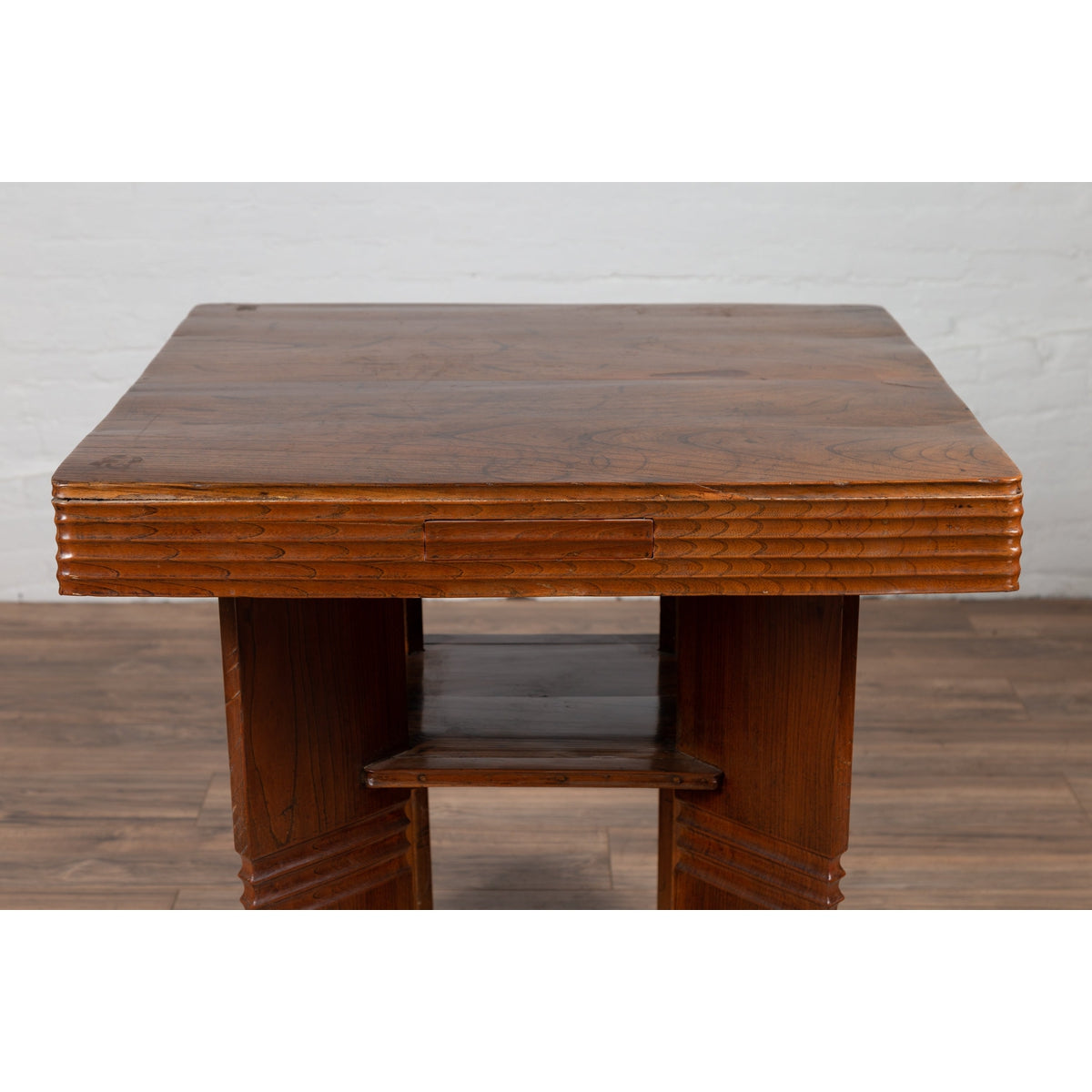 Chinese Vintage Art Deco Ribbed Game Table with Pull-Out Drawers and Canted Legs-11. Asian & Chinese Furniture, Art, Antiques, Vintage Home Décor for sale at FEA Home