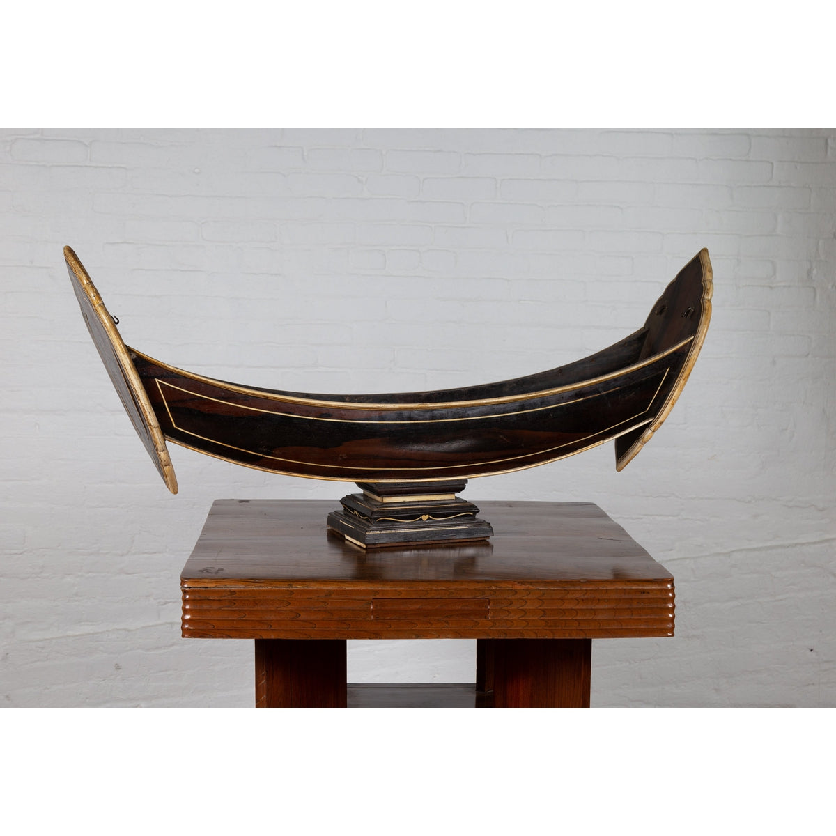 Antique Indonesian Handmade Boat Model on Pedestal with Bone Inlay over Wood-3. Asian & Chinese Furniture, Art, Antiques, Vintage Home Décor for sale at FEA Home