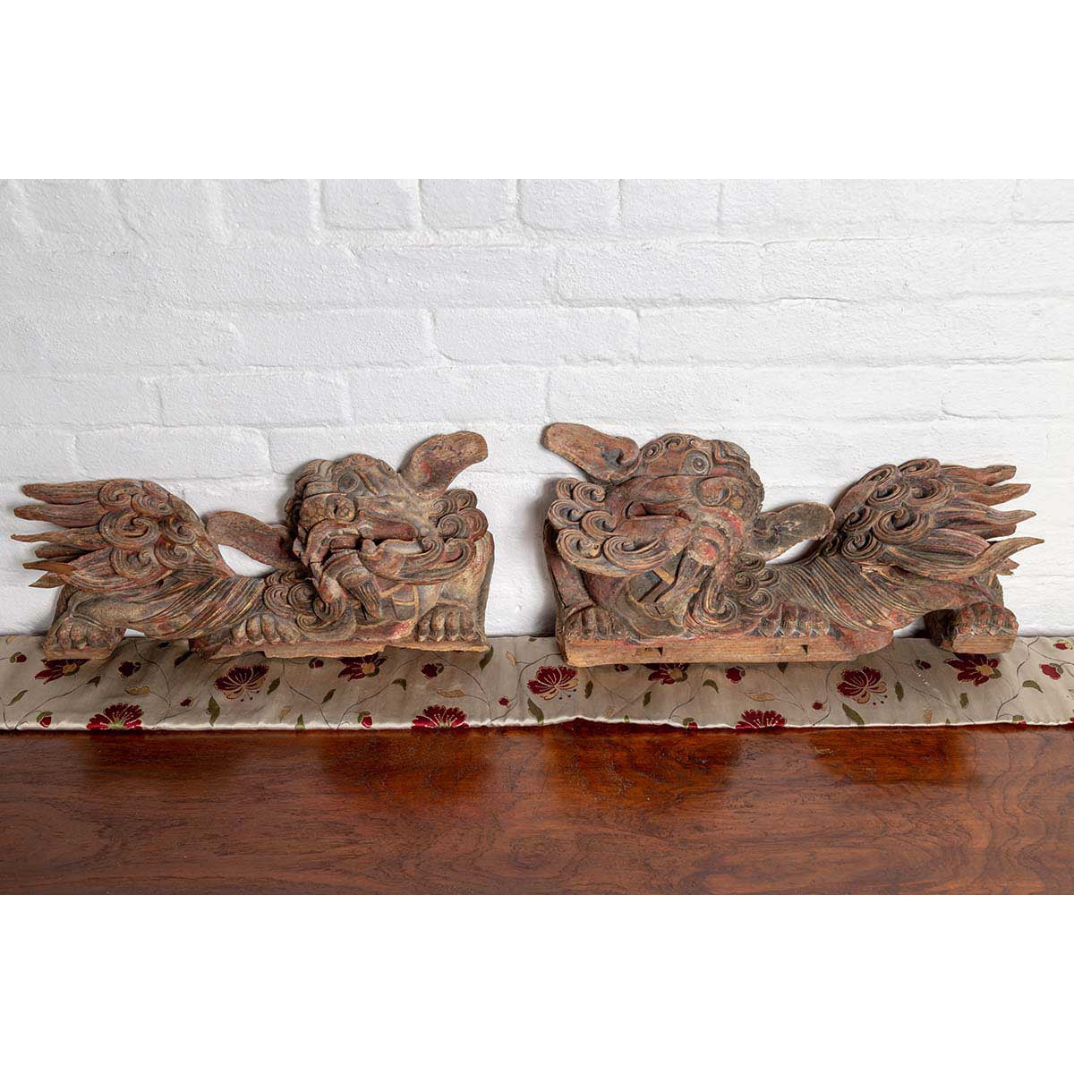 Pair of Chinese 19th Century Hand Carved and Painted Temple Guardian Lions-3. Asian & Chinese Furniture, Art, Antiques, Vintage Home Décor for sale at FEA Home