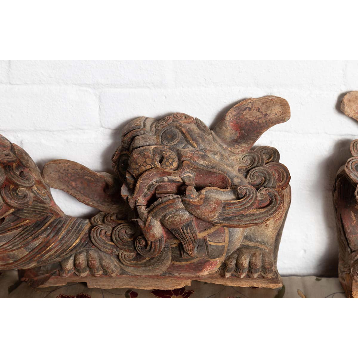 Pair of Chinese 19th Century Hand Carved and Painted Temple Guardian Lions-6. Asian & Chinese Furniture, Art, Antiques, Vintage Home Décor for sale at FEA Home