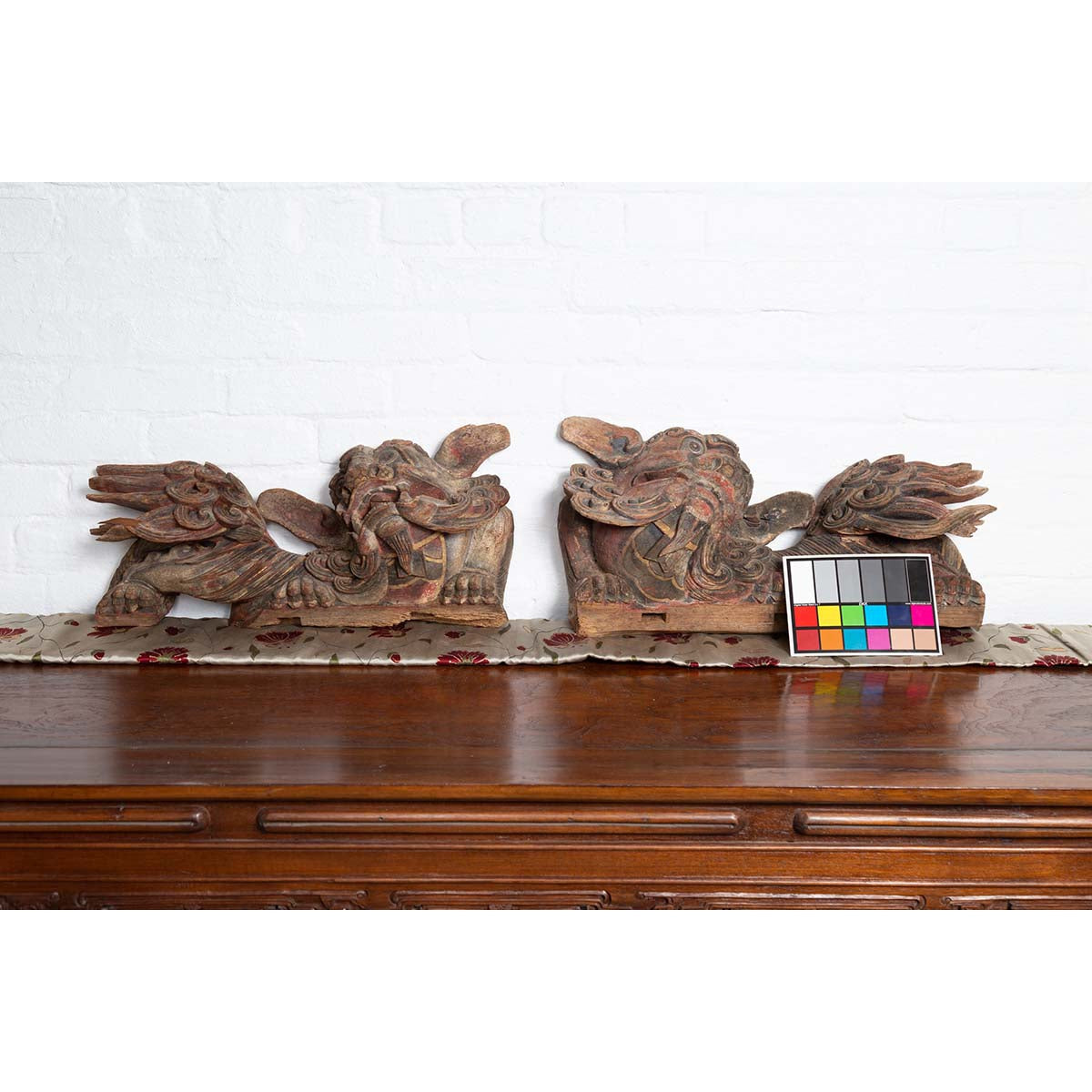 Pair of Chinese 19th Century Hand Carved and Painted Temple Guardian Lions-9. Asian & Chinese Furniture, Art, Antiques, Vintage Home Décor for sale at FEA Home