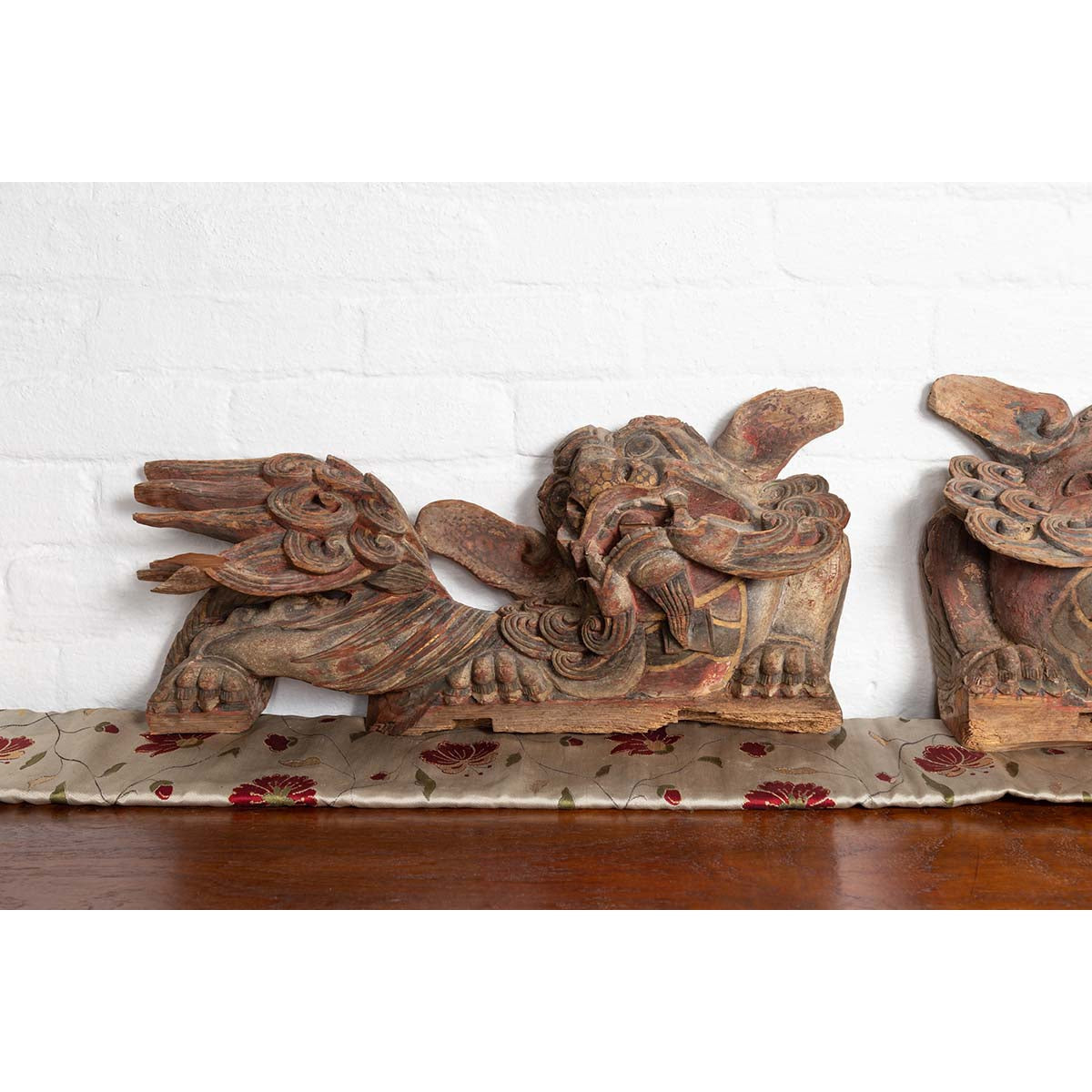 Pair of Chinese 19th Century Hand Carved and Painted Temple Guardian Lions-10. Asian & Chinese Furniture, Art, Antiques, Vintage Home Décor for sale at FEA Home