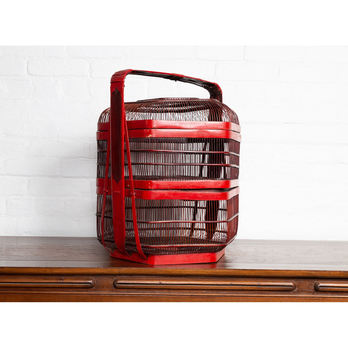Vintage Chinese Red Lacquered Bird Cage with Handle and Hexagonal Base-5. Asian & Chinese Furniture, Art, Antiques, Vintage Home Décor for sale at FEA Home