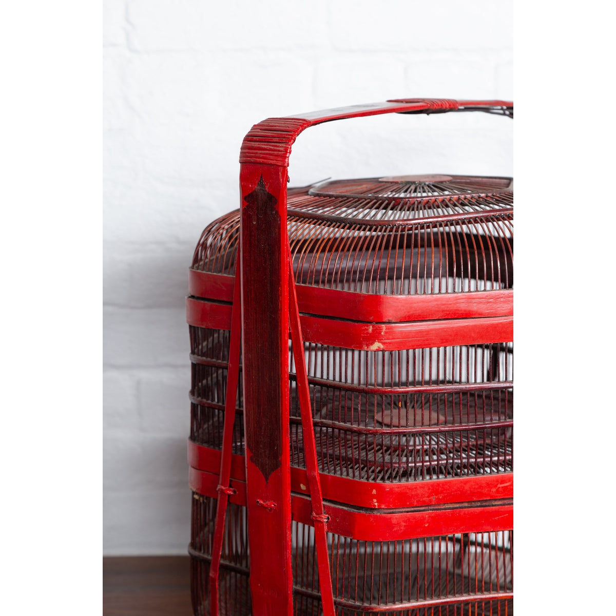 Vintage Chinese Red Lacquered Bird Cage with Handle and Hexagonal Base-6. Asian & Chinese Furniture, Art, Antiques, Vintage Home Décor for sale at FEA Home