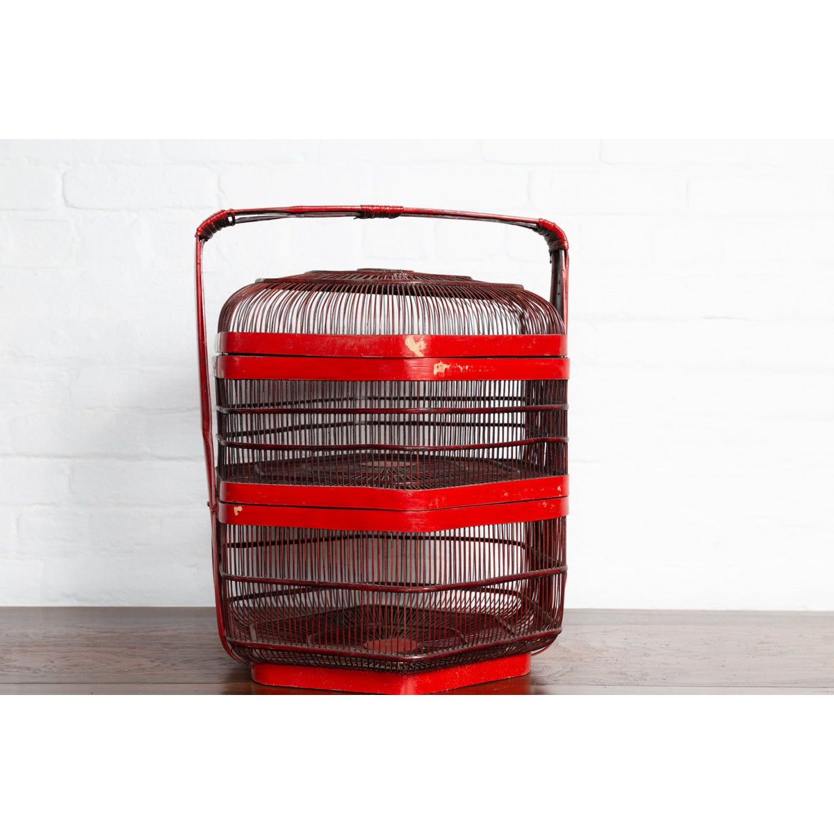 Vintage Chinese Red Lacquered Bird Cage with Handle and Hexagonal Base-10. Asian & Chinese Furniture, Art, Antiques, Vintage Home Décor for sale at FEA Home