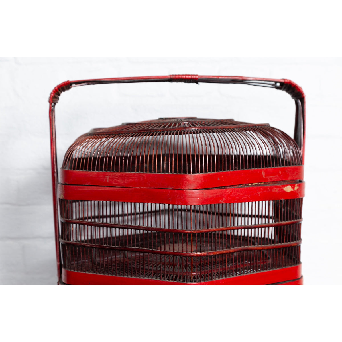 Vintage Chinese Red Lacquered Bird Cage with Handle and Hexagonal Base-7. Asian & Chinese Furniture, Art, Antiques, Vintage Home Décor for sale at FEA Home
