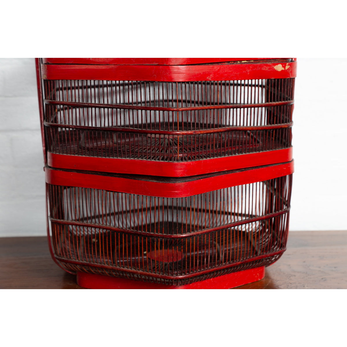 Vintage Chinese Red Lacquered Bird Cage with Handle and Hexagonal Base-9. Asian & Chinese Furniture, Art, Antiques, Vintage Home Décor for sale at FEA Home