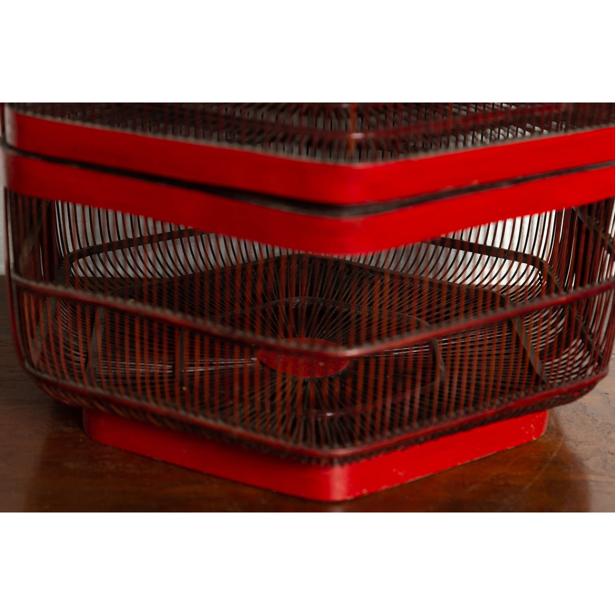 Vintage Chinese Red Lacquered Bird Cage with Handle and Hexagonal Base-8. Asian & Chinese Furniture, Art, Antiques, Vintage Home Décor for sale at FEA Home