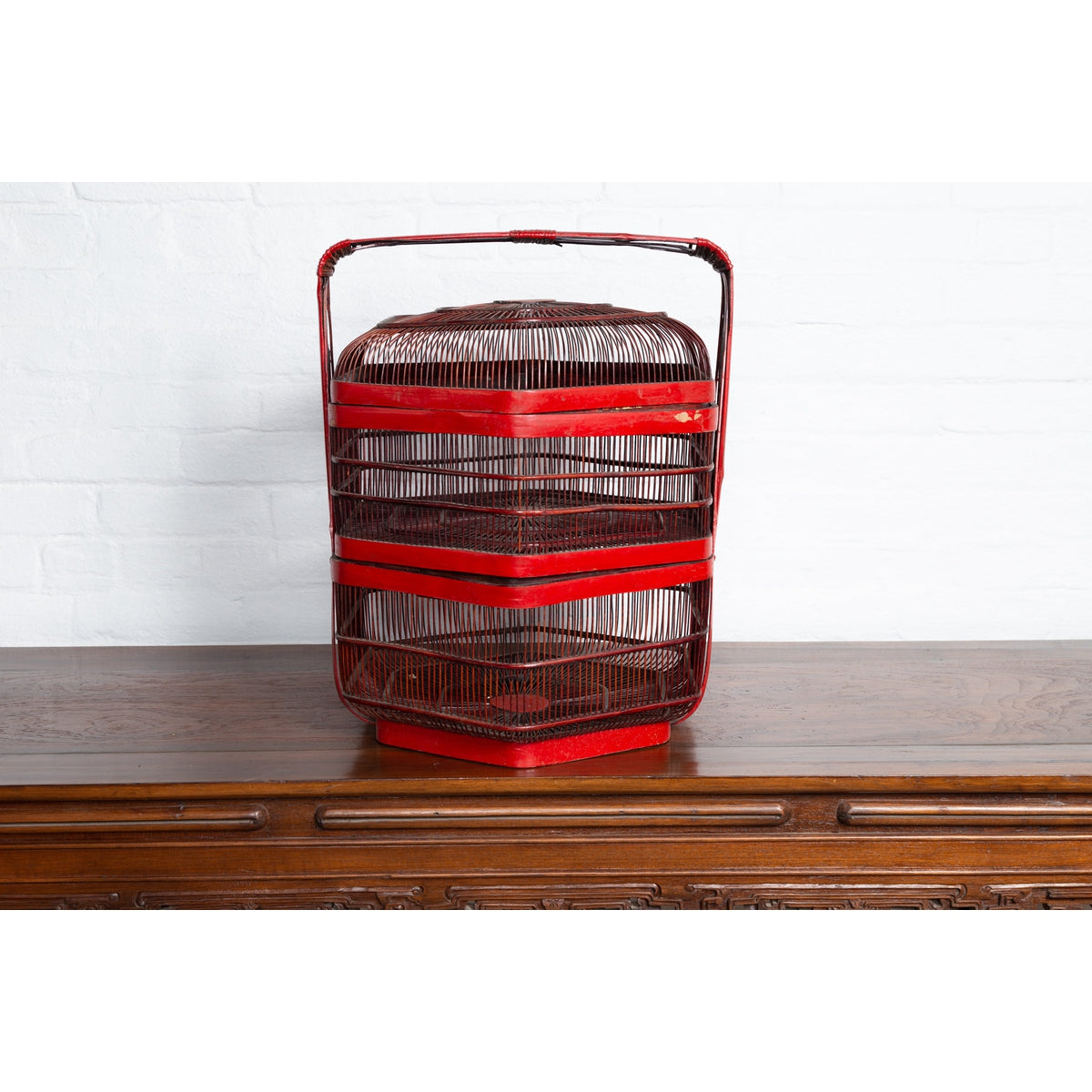 Vintage Chinese Red Lacquered Bird Cage with Handle and Hexagonal Base-11. Asian & Chinese Furniture, Art, Antiques, Vintage Home Décor for sale at FEA Home