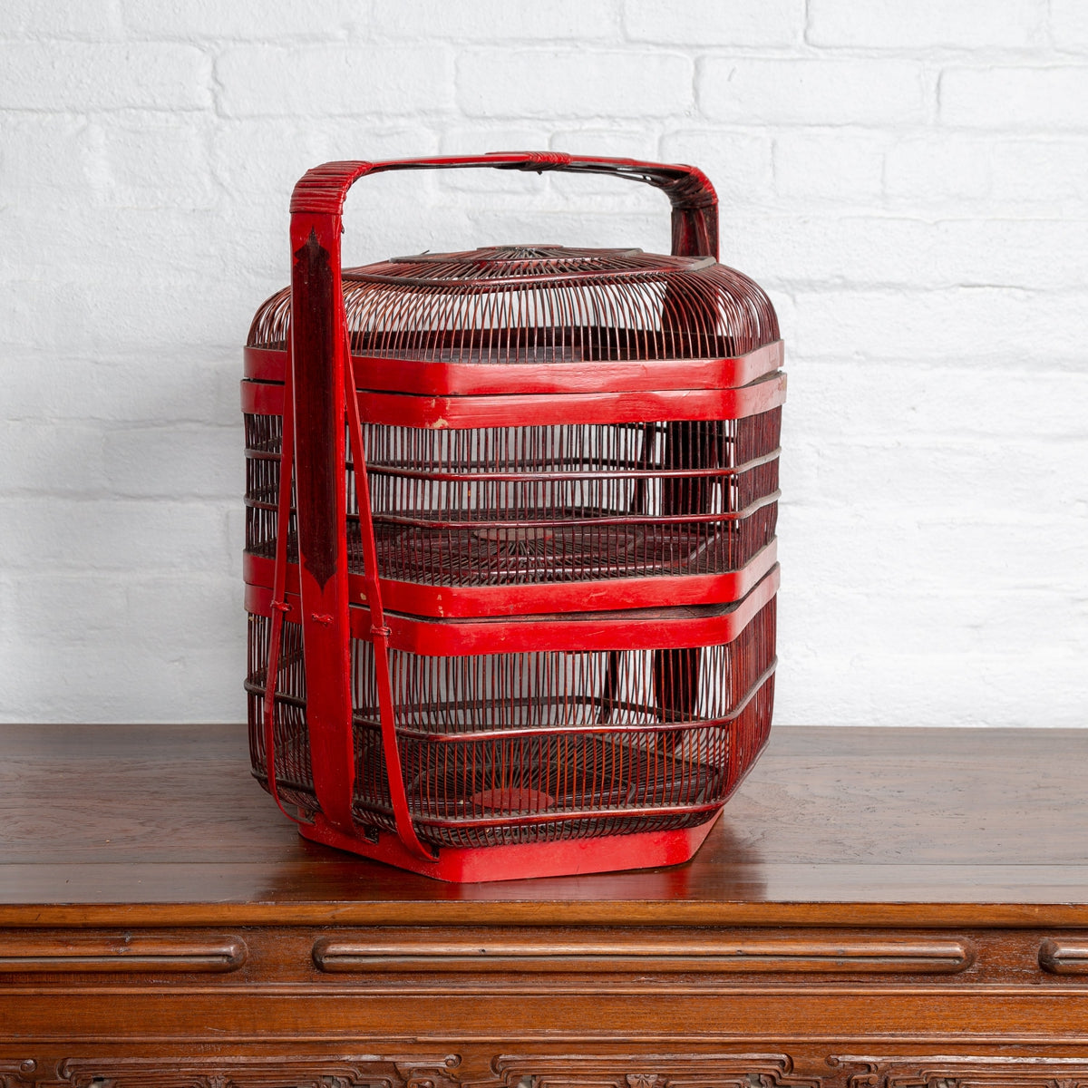 Vintage Chinese Red Lacquered Bird Cage with Handle and Hexagonal Base-4. Asian & Chinese Furniture, Art, Antiques, Vintage Home Décor for sale at FEA Home