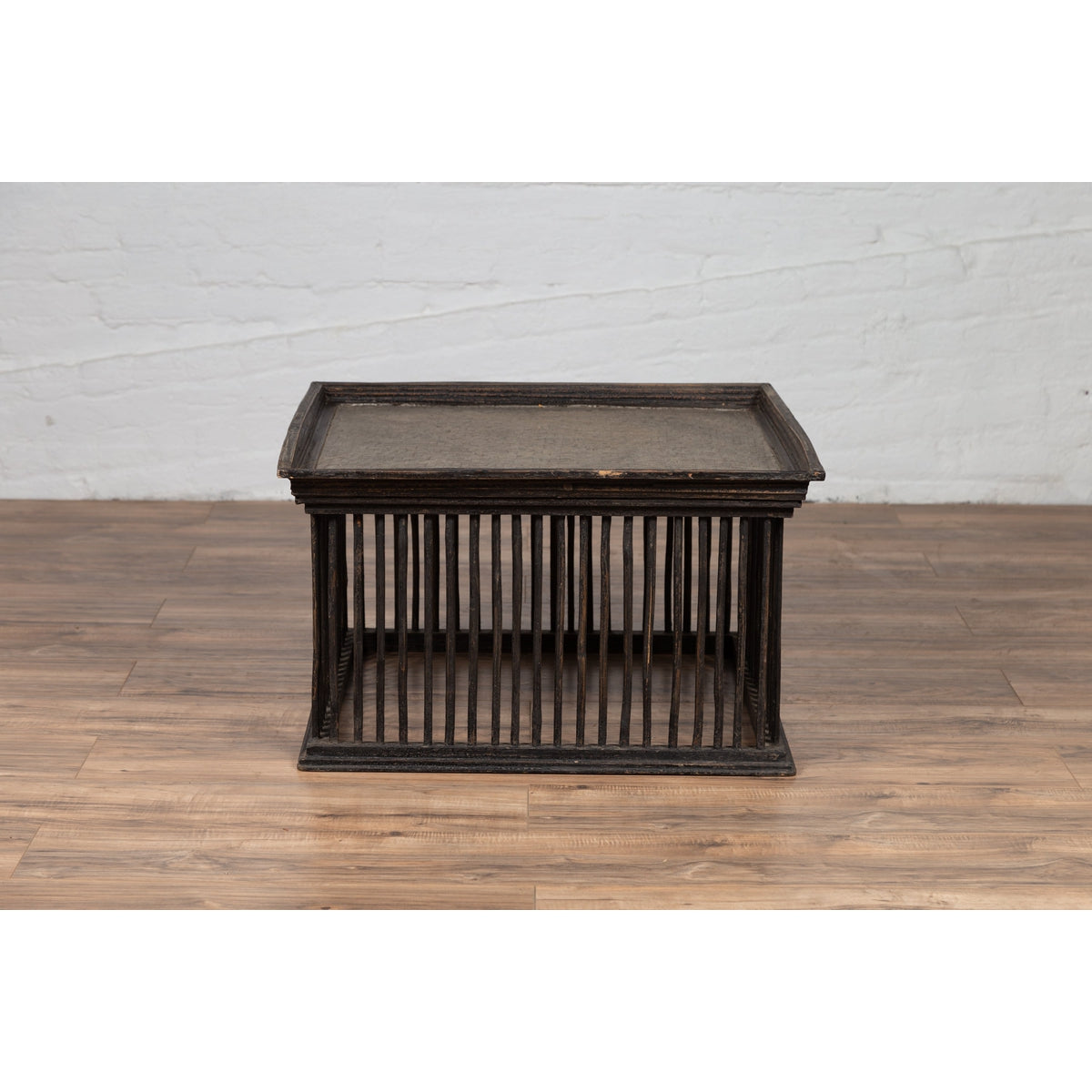 Vintage Thai Square Rattan Coffee Table with Silver Leaf Top and Spindle Design-4. Asian & Chinese Furniture, Art, Antiques, Vintage Home Décor for sale at FEA Home