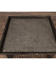 Square rattan coffee table with silver leaf top and spindle base, vintage Thai mid-century style, front view.