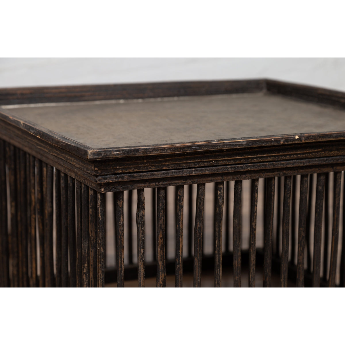 Vintage Thai Square Rattan Coffee Table with Silver Leaf Top and Spindle Design-7. Asian & Chinese Furniture, Art, Antiques, Vintage Home Décor for sale at FEA Home