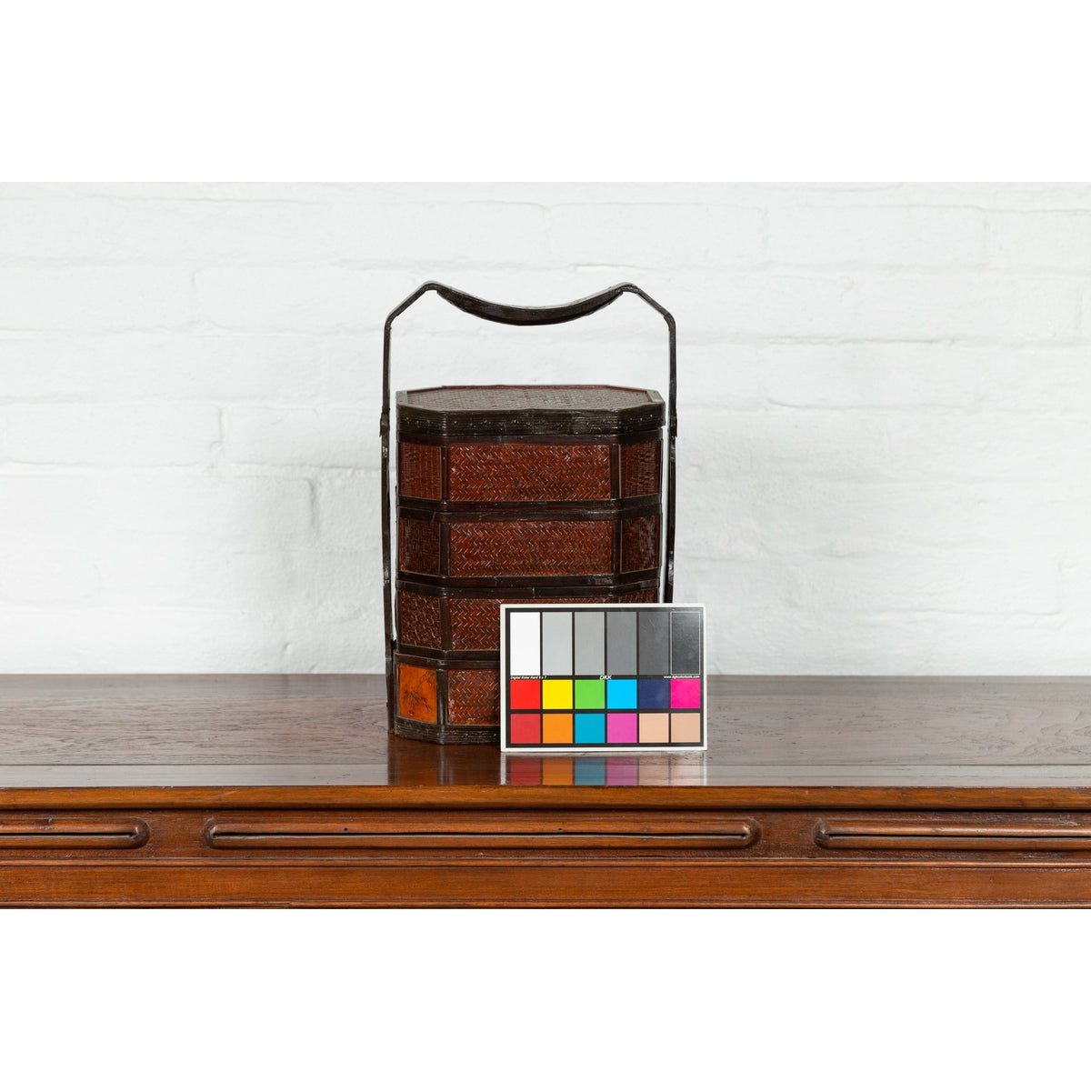 Small Burmese Vintage Stacking Picnic Basket with Lacquered Accents and Handle-3. Asian & Chinese Furniture, Art, Antiques, Vintage Home Décor for sale at FEA Home