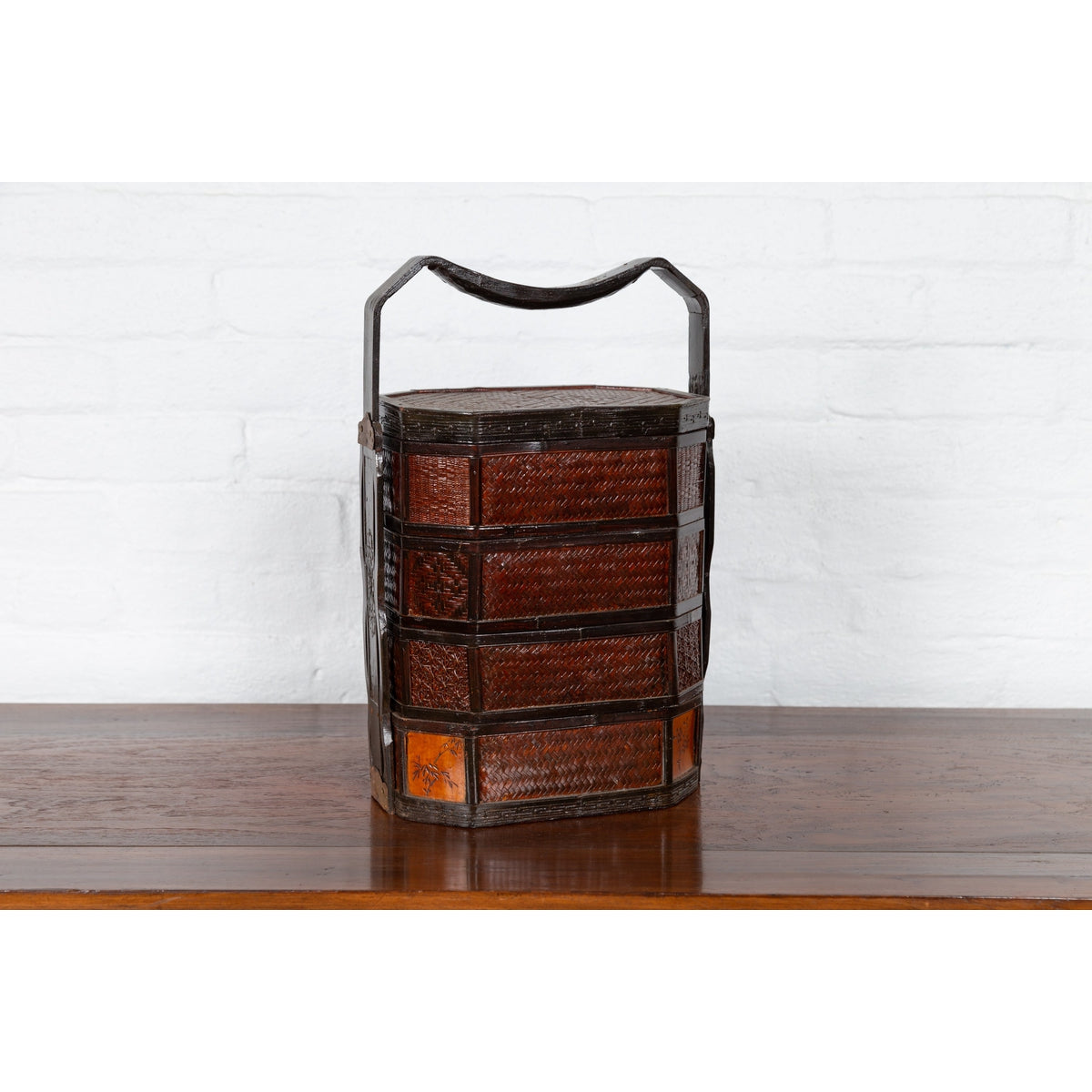 Small Burmese Vintage Stacking Picnic Basket with Lacquered Accents and Handle-4. Asian & Chinese Furniture, Art, Antiques, Vintage Home Décor for sale at FEA Home