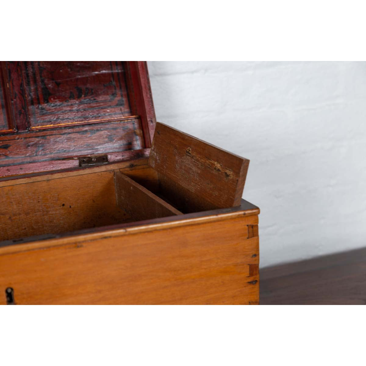 Antique Indonesian Wooden Blanket Chest with Inner Red and Black Lacquered Decor-6. Asian & Chinese Furniture, Art, Antiques, Vintage Home Décor for sale at FEA Home
