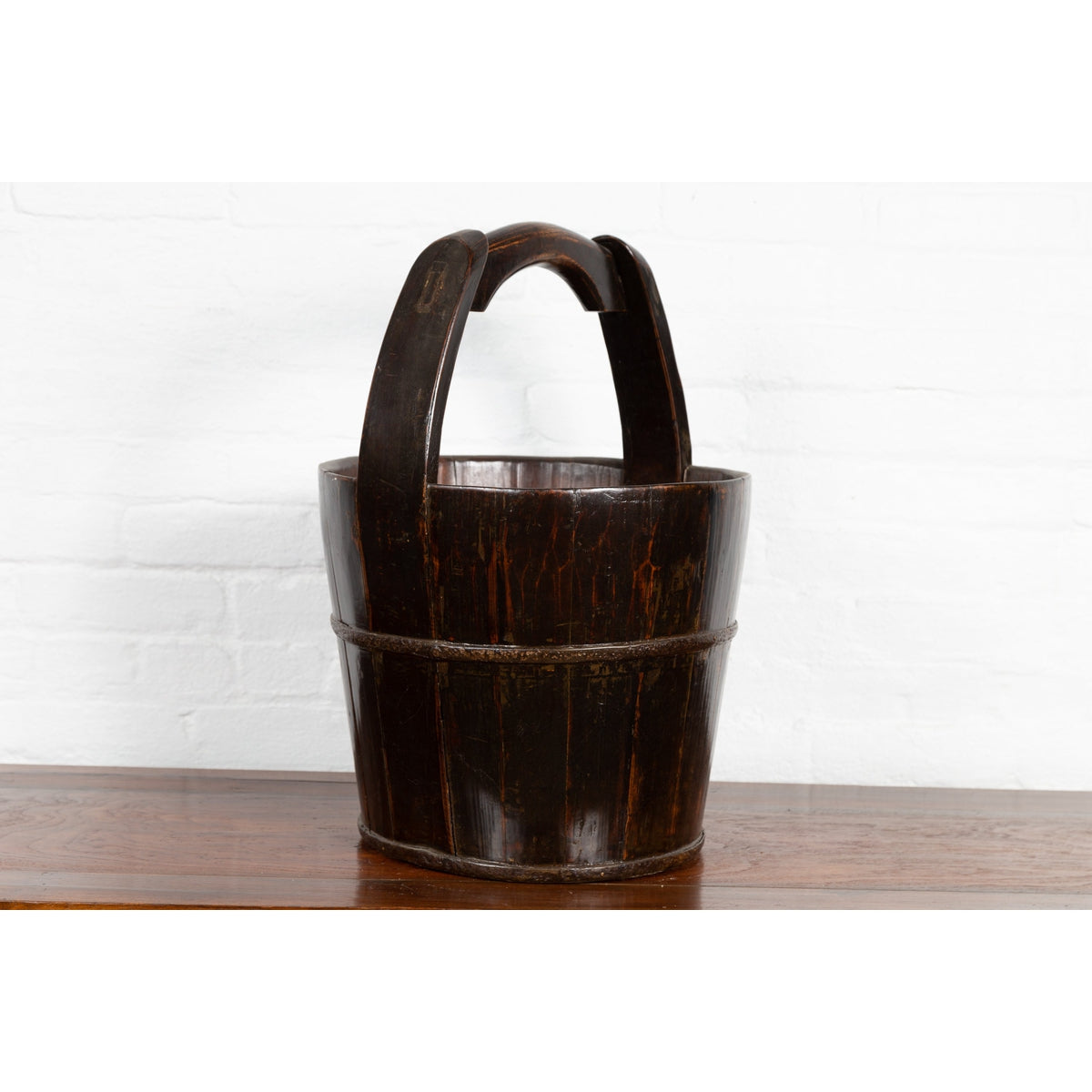 19th Century Southern Chinese Wooden Bucket with Large Handle and Metal Accents-8. Asian & Chinese Furniture, Art, Antiques, Vintage Home Décor for sale at FEA Home