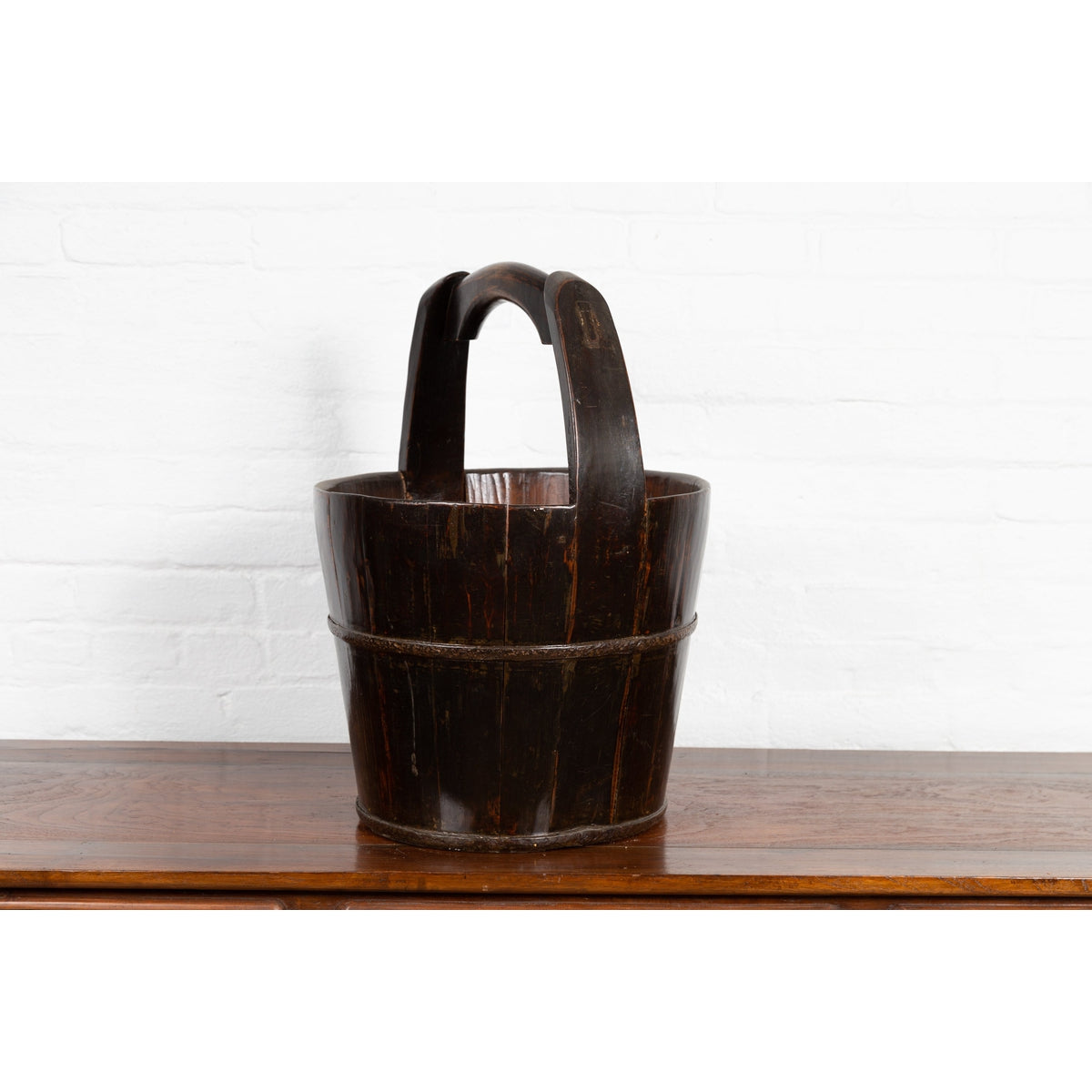 19th Century Southern Chinese Wooden Bucket with Large Handle and Metal Accents-10. Asian & Chinese Furniture, Art, Antiques, Vintage Home Décor for sale at FEA Home