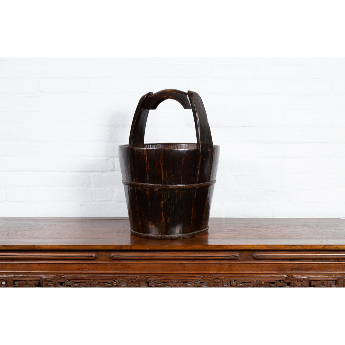 19th Century Southern Chinese Wooden Bucket with Large Handle and Metal Accents-11. Asian & Chinese Furniture, Art, Antiques, Vintage Home Décor for sale at FEA Home