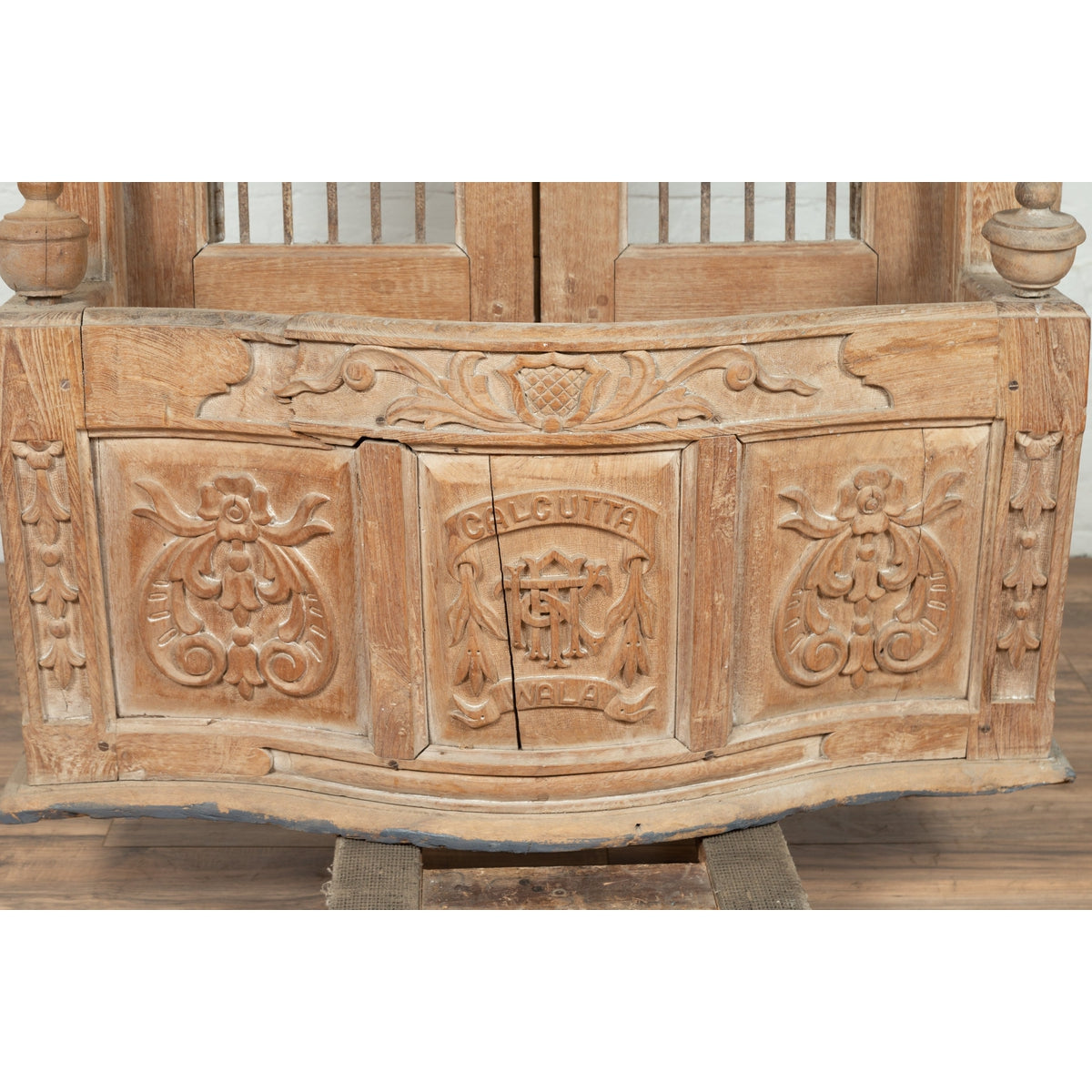 Large Natural Wood Bonnet Top Window Balcony with Hand Carved Foliage Motifs-13. Asian & Chinese Furniture, Art, Antiques, Vintage Home Décor for sale at FEA Home