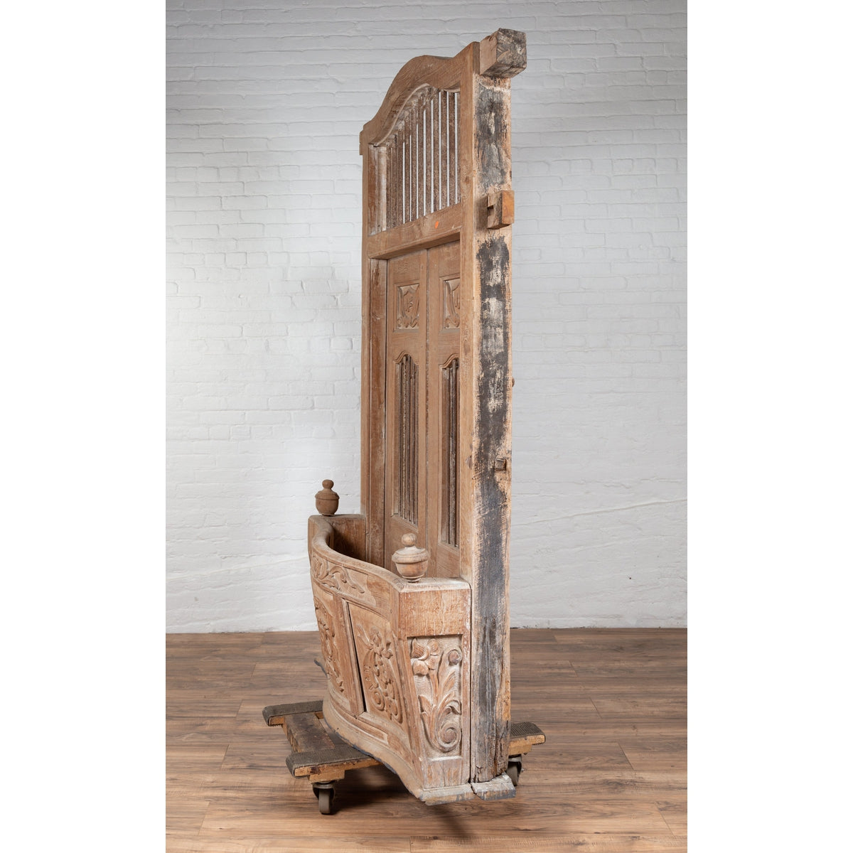 Large Natural Wood Bonnet Top Window Balcony with Hand Carved Foliage Motifs-3. Asian & Chinese Furniture, Art, Antiques, Vintage Home Décor for sale at FEA Home