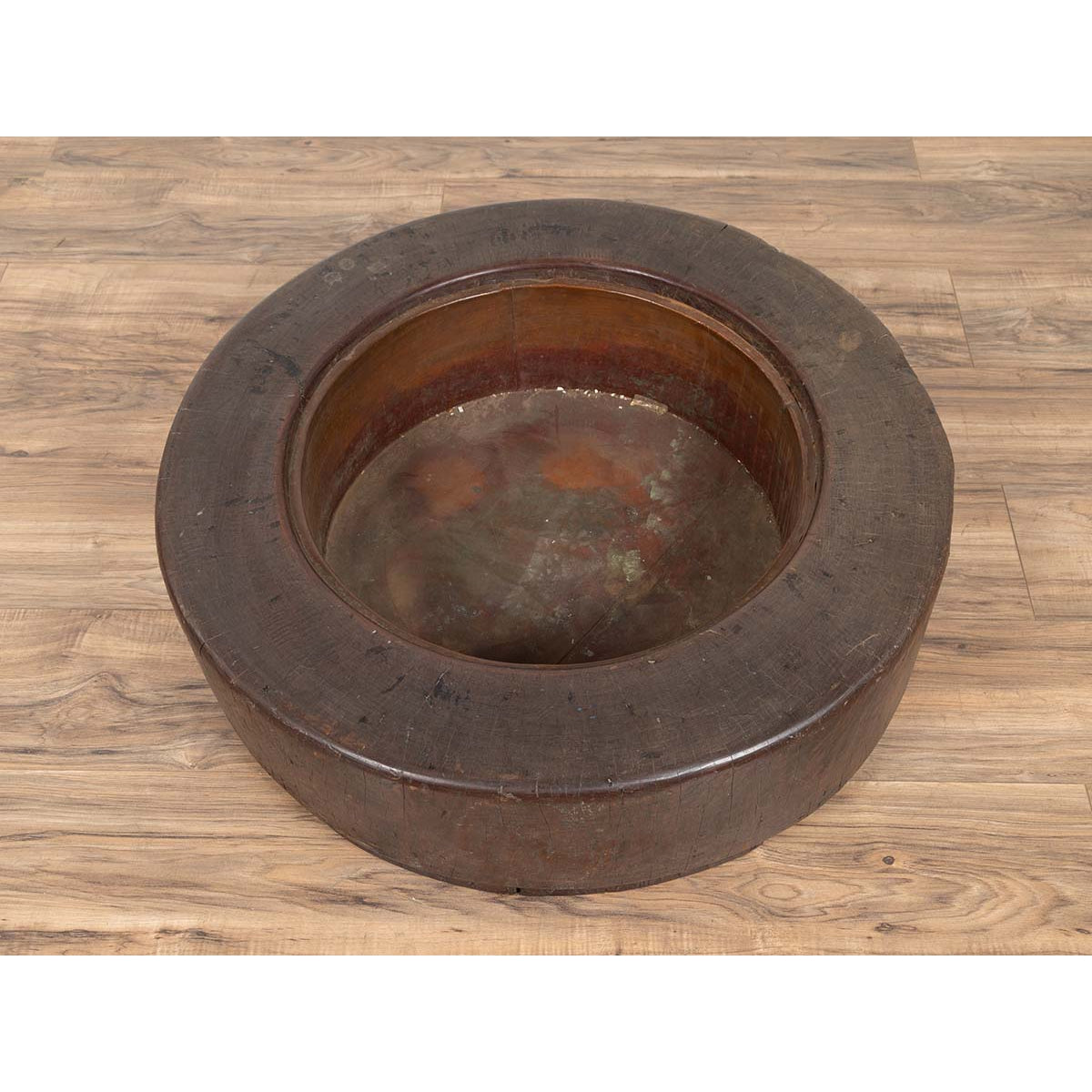 Meiji Period Japanese Wood Root Round Hibachi with Brown Patina, circa 1900-8. Asian & Chinese Furniture, Art, Antiques, Vintage Home Décor for sale at FEA Home