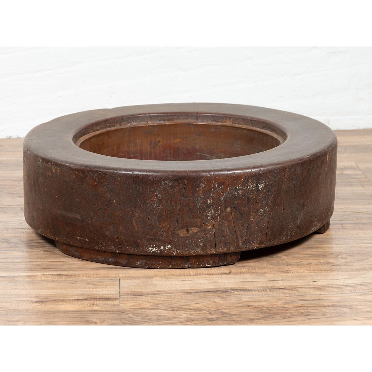 Meiji Period Japanese Wood Root Round Hibachi with Brown Patina, circa 1900-3. Asian & Chinese Furniture, Art, Antiques, Vintage Home Décor for sale at FEA Home