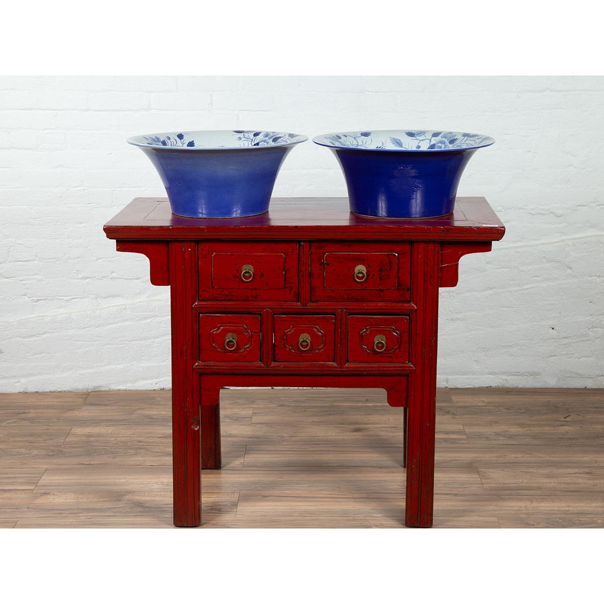 Pair of Blue & White Porcelain Basins with Floral Motifs-5. Asian & Chinese Furniture, Art, Antiques, Vintage Home Décor for sale at FEA Home