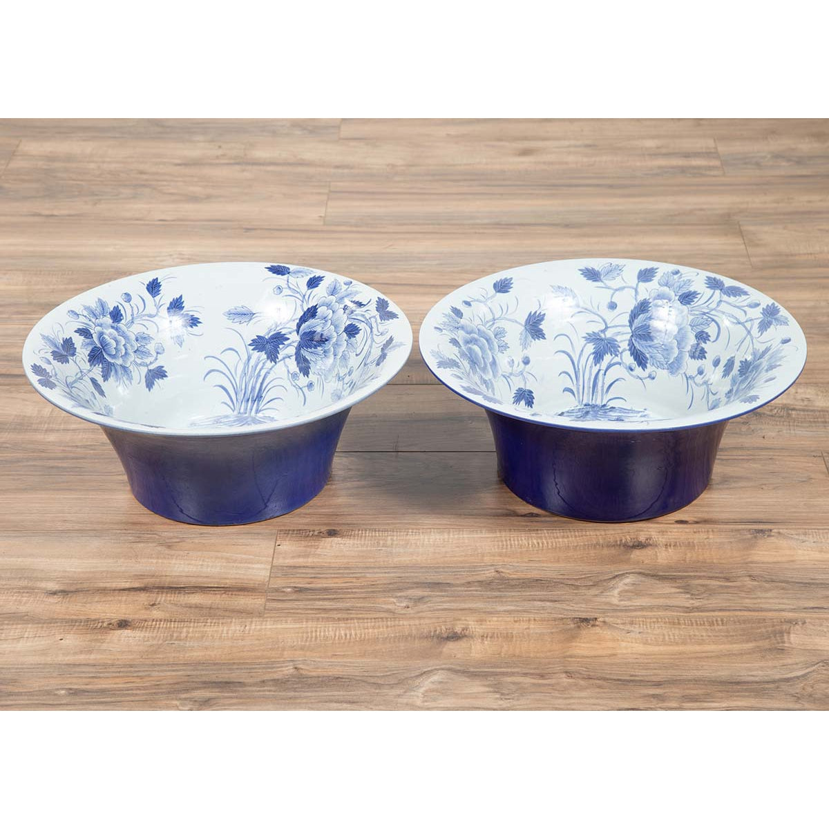 Pair of Blue & White Porcelain Basins with Floral Motifs-4. Asian & Chinese Furniture, Art, Antiques, Vintage Home Décor for sale at FEA Home