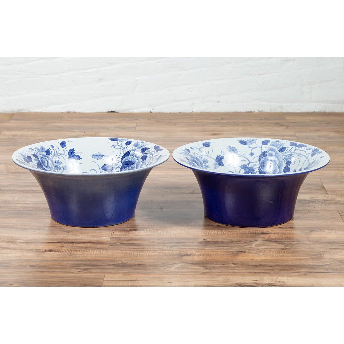 Pair of Blue & White Porcelain Basins with Floral Motifs-6. Asian & Chinese Furniture, Art, Antiques, Vintage Home Décor for sale at FEA Home