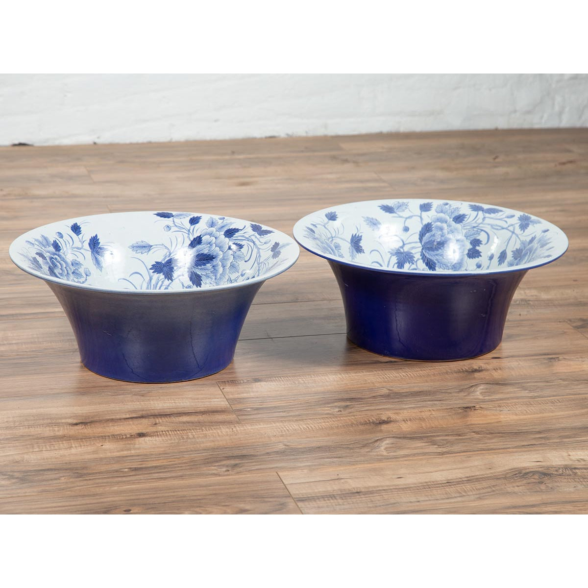 Pair of Blue & White Porcelain Basins with Floral Motifs-7. Asian & Chinese Furniture, Art, Antiques, Vintage Home Décor for sale at FEA Home