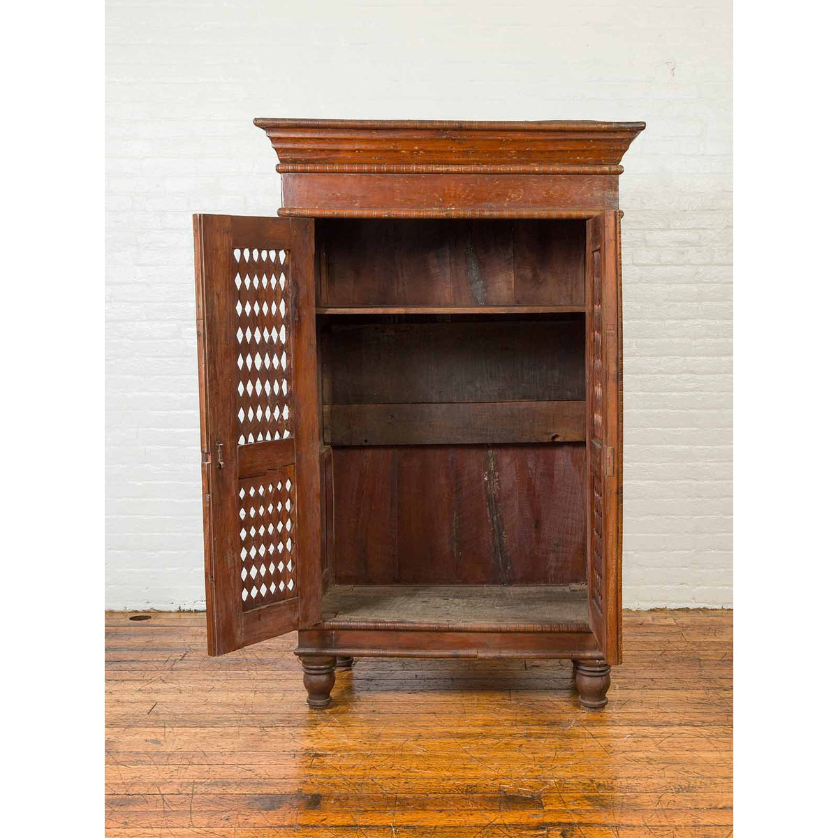 Indian Hand Carved Cabinet with Open Diamond Design and Painted Fan Motifs-4. Asian & Chinese Furniture, Art, Antiques, Vintage Home Décor for sale at FEA Home