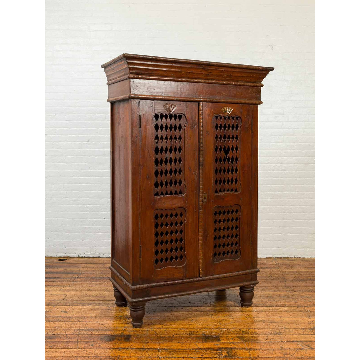 Indian Hand Carved Cabinet with Open Diamond Design and Painted Fan Motifs-3. Asian & Chinese Furniture, Art, Antiques, Vintage Home Décor for sale at FEA Home