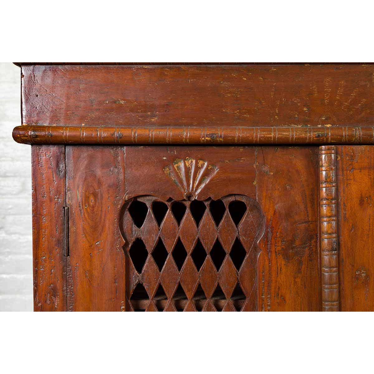 Indian Hand Carved Cabinet with Open Diamond Design and Painted Fan Motifs-8. Asian & Chinese Furniture, Art, Antiques, Vintage Home Décor for sale at FEA Home