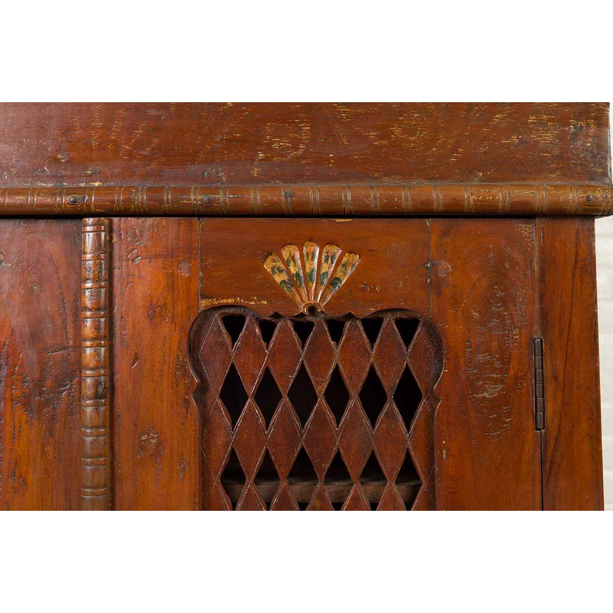 Indian Hand Carved Cabinet with Open Diamond Design and Painted Fan Motifs-9. Asian & Chinese Furniture, Art, Antiques, Vintage Home Décor for sale at FEA Home