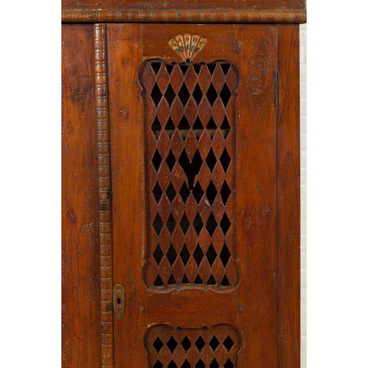 Indian Hand Carved Cabinet with Open Diamond Design and Painted Fan Motifs-7. Asian & Chinese Furniture, Art, Antiques, Vintage Home Décor for sale at FEA Home