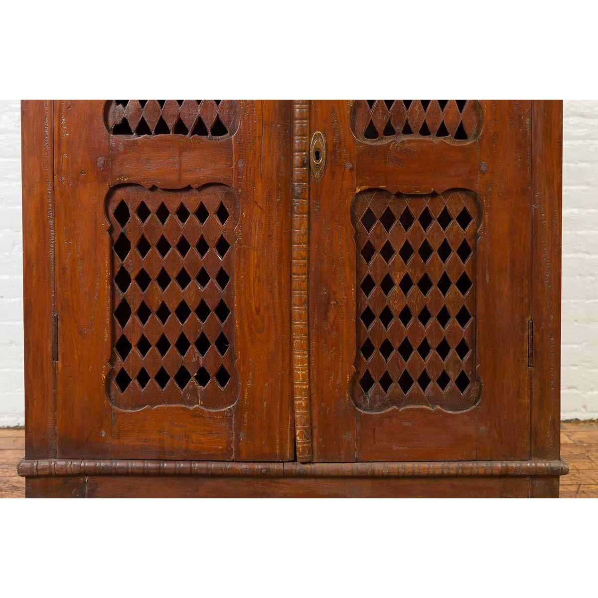 Indian Hand Carved Cabinet with Open Diamond Design and Painted Fan Motifs-10. Asian & Chinese Furniture, Art, Antiques, Vintage Home Décor for sale at FEA Home