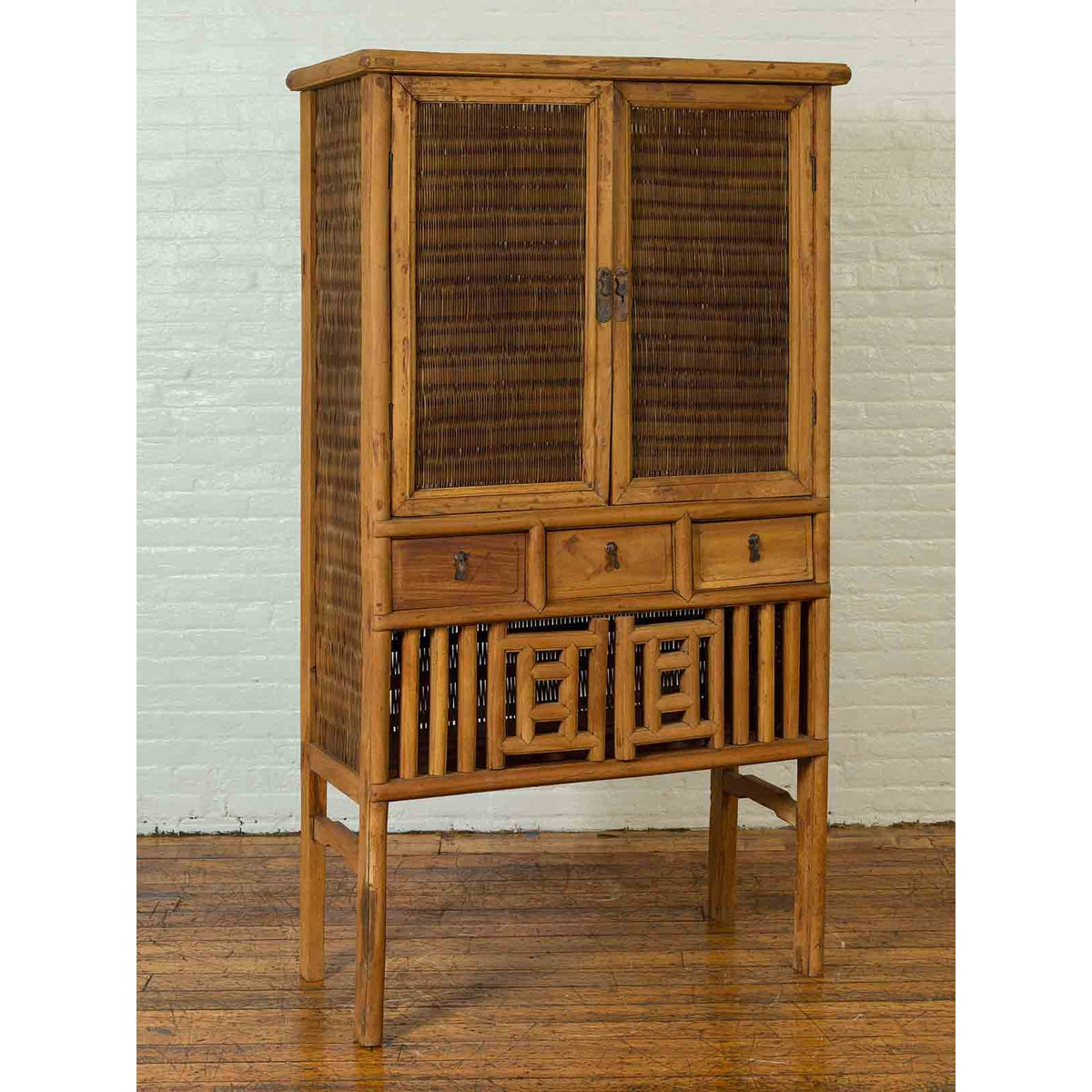 Indonesian Cabinet with Rattan Doors, Drawers and Fretwork Sliding Panels-3. Asian & Chinese Furniture, Art, Antiques, Vintage Home Décor for sale at FEA Home