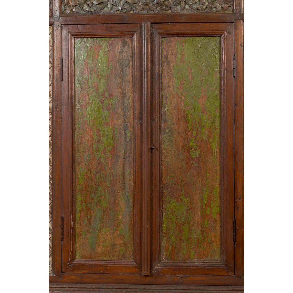 Large 19th Century Cabinet with Carved Floral Motifs and Distressed Verde Finish-8. Asian & Chinese Furniture, Art, Antiques, Vintage Home Décor for sale at FEA Home