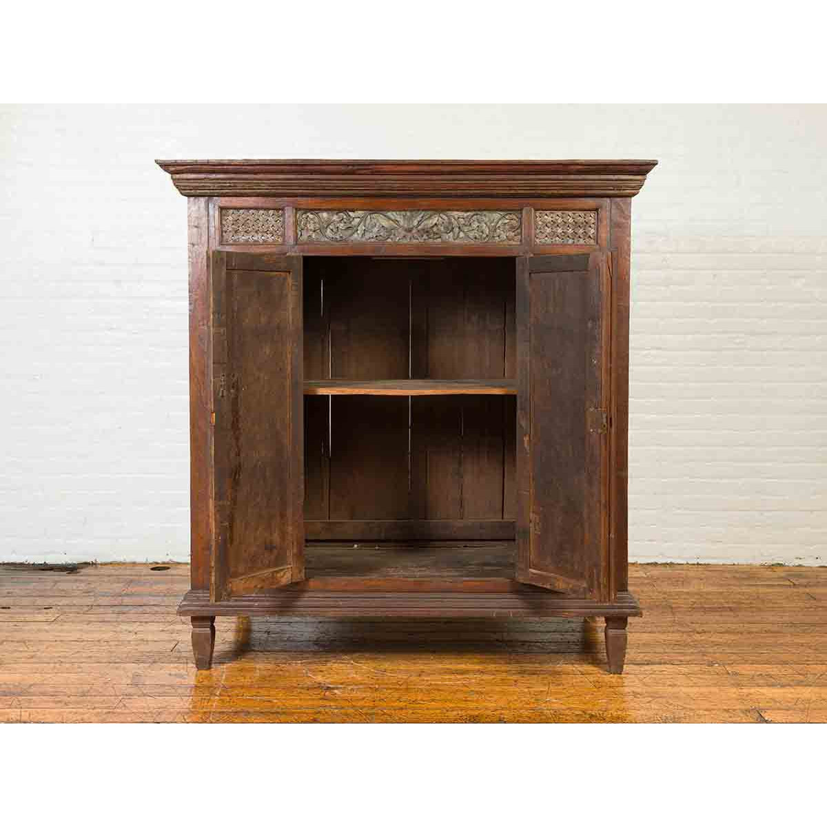 Large 19th Century Cabinet with Carved Floral Motifs and Distressed Verde Finish-4. Asian & Chinese Furniture, Art, Antiques, Vintage Home Décor for sale at FEA Home