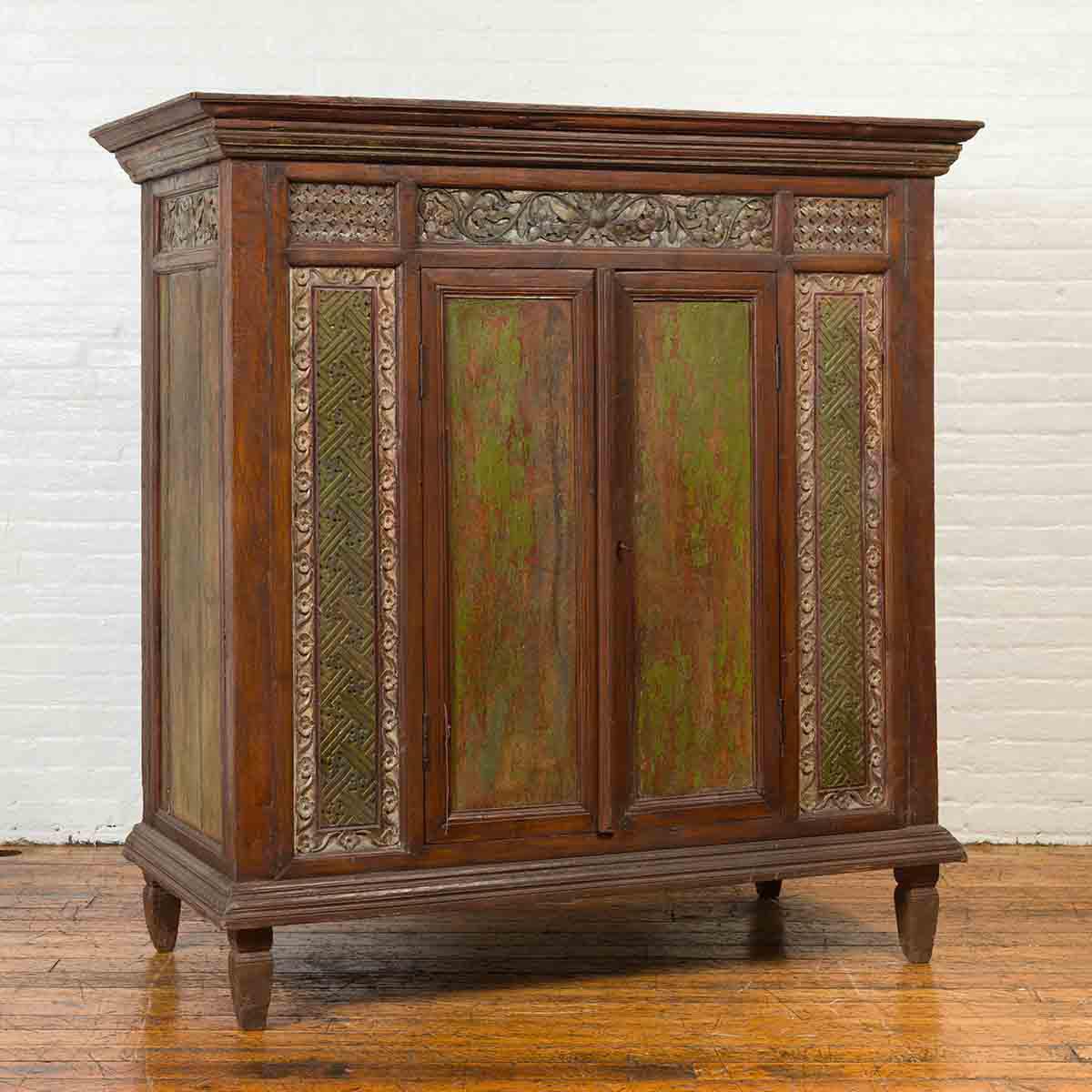 Large 19th Century Cabinet with Carved Floral Motifs and Distressed Verde Finish-3. Asian & Chinese Furniture, Art, Antiques, Vintage Home Décor for sale at FEA Home