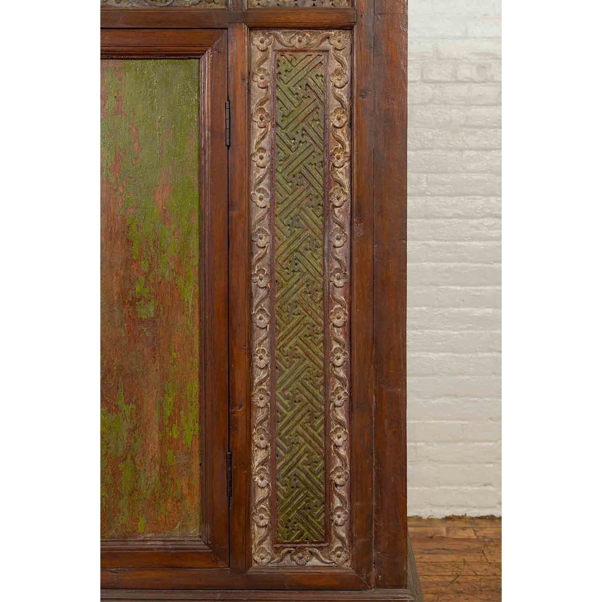 Large 19th Century Cabinet with Carved Floral Motifs and Distressed Verde Finish-9. Asian & Chinese Furniture, Art, Antiques, Vintage Home Décor for sale at FEA Home