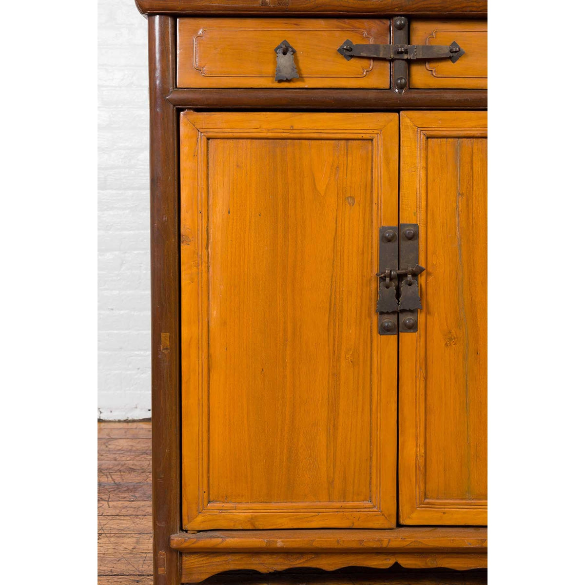 Chinese Antique Elm Two-Toned Cabinet with Cut Bronze Hardware and Yellow Patina-3. Asian & Chinese Furniture, Art, Antiques, Vintage Home Décor for sale at FEA Home