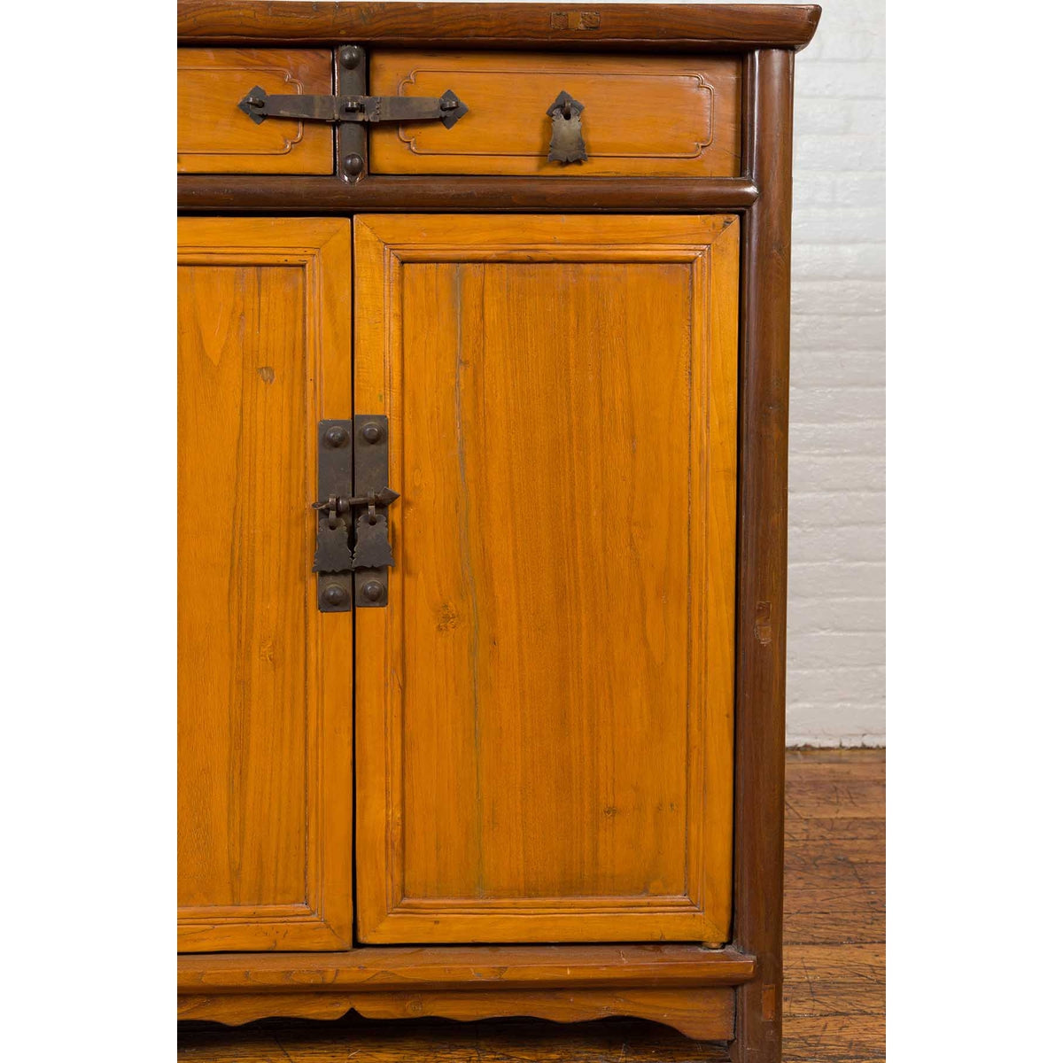 Chinese Antique Elm Two-Toned Cabinet with Cut Bronze Hardware and Yellow Patina-4. Asian & Chinese Furniture, Art, Antiques, Vintage Home Décor for sale at FEA Home