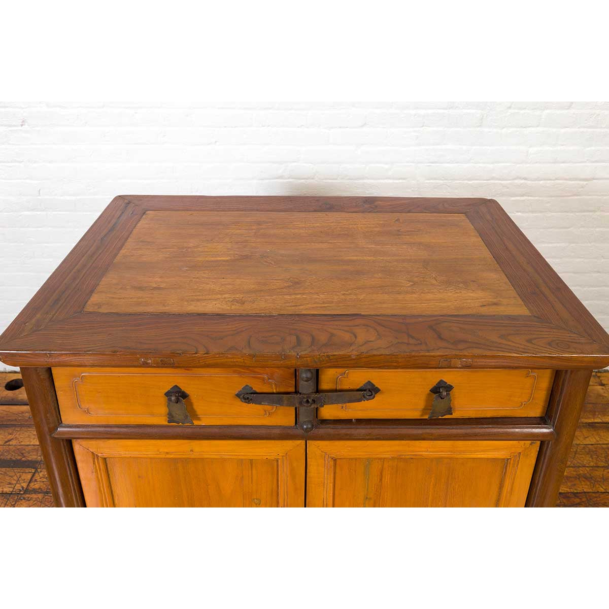 Chinese Antique Elm Two-Toned Cabinet with Cut Bronze Hardware and Yellow Patina-12. Asian & Chinese Furniture, Art, Antiques, Vintage Home Décor for sale at FEA Home