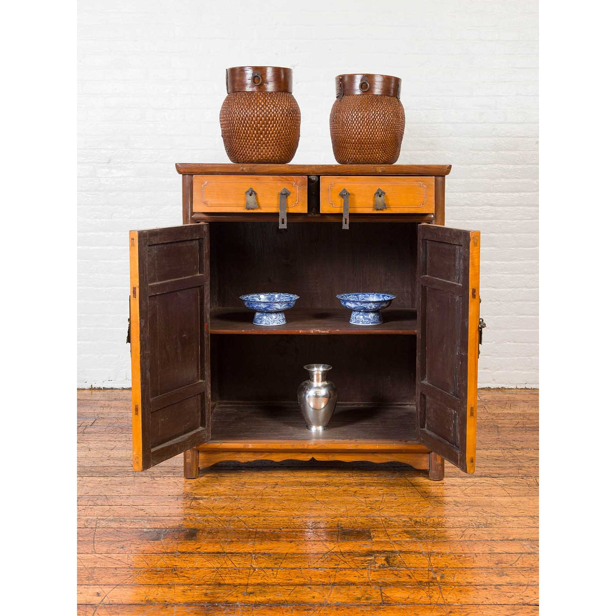 Chinese Antique Elm Two-Toned Cabinet with Cut Bronze Hardware and Yellow Patina-13. Asian & Chinese Furniture, Art, Antiques, Vintage Home Décor for sale at FEA Home