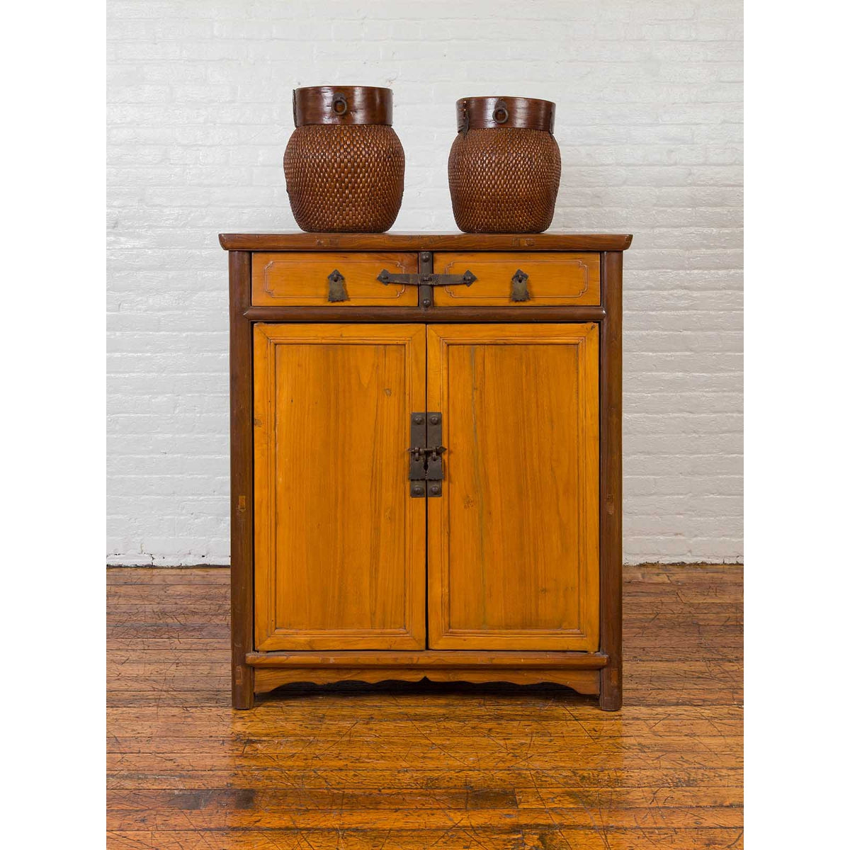 Chinese Antique Elm Two-Toned Cabinet with Cut Bronze Hardware and Yellow Patina-14. Asian & Chinese Furniture, Art, Antiques, Vintage Home Décor for sale at FEA Home